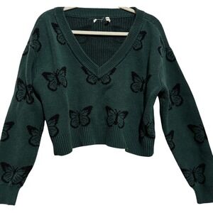 Pacsun‎ Butterfly V Neck Sweater Green Black Knit Cropped Women's Sz M Grunge